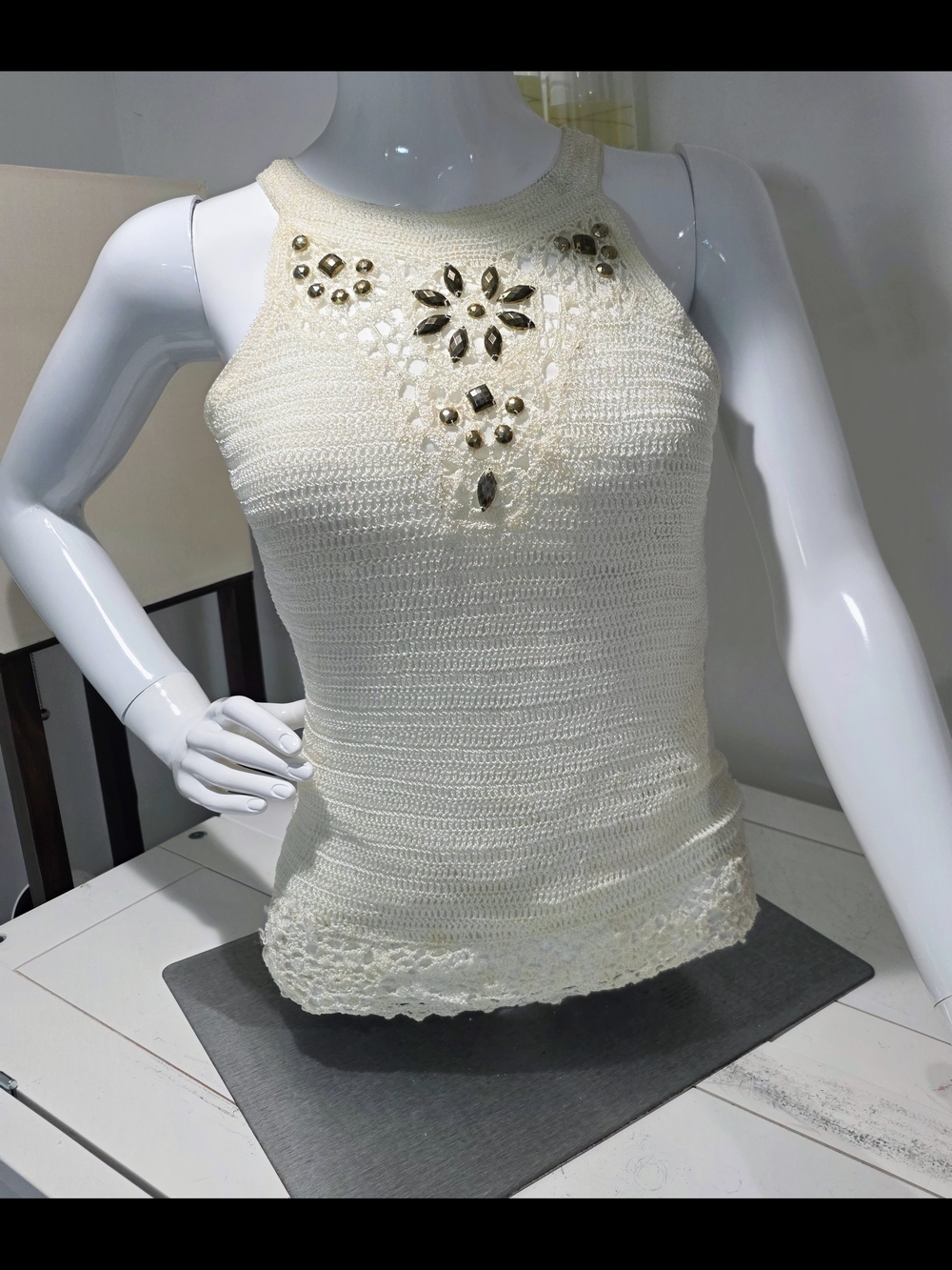 Cream Crochet Jewel-Embellished Halter Tank Top